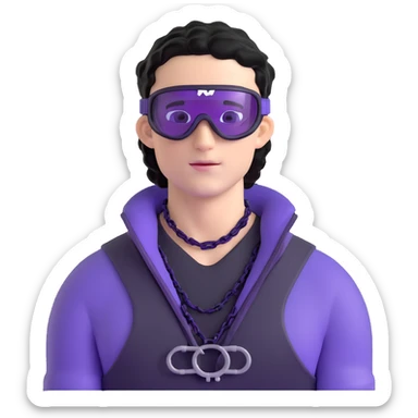 male athlete with white skin and moderately curly black hair on top with shaved sides, wearing ski goggles with purple frames and very dark black lenses, a simple plain black chain necklace, and an open shiny purple vest showing his chest and abs, no earrings sticker