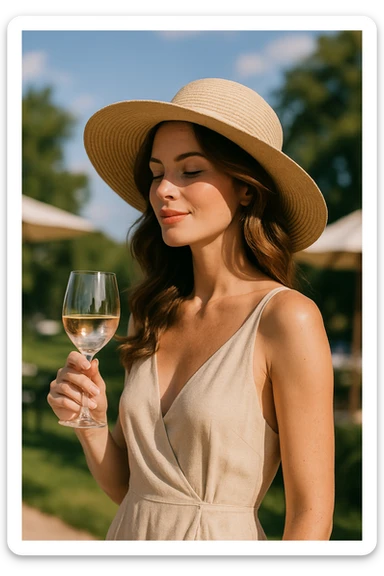 A woman wearing a sunhat holding a glass of wine sticker