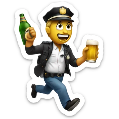 Drunk emoji holding a beer bottle, running away from police with a panicked expression, sweat droplets, and stumbling steps. sticker