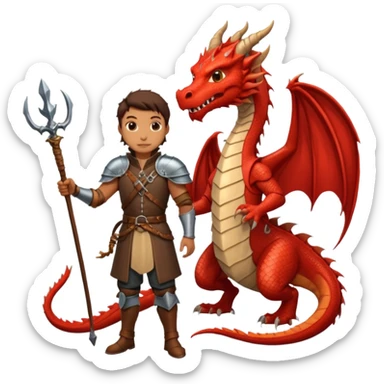 a dragon tamer with a whip in his hand in medieval time with a dragon next to him sticker