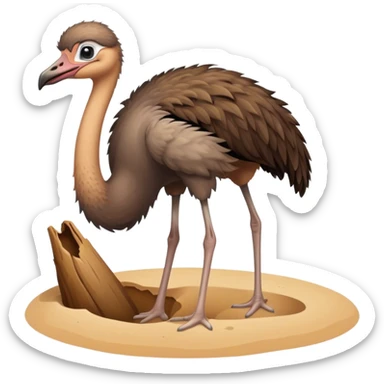 An ostrich standing next to a hole, with their neck bent and their head in the hole in the sand. Illustrating the idiom, to stick your head in the sand.  sticker