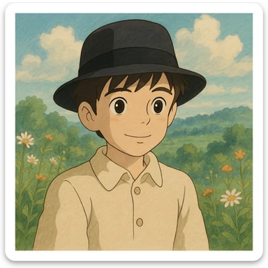 boy wearing a classic black fedora, gentle expression, soft colors, Ghibli style sticker