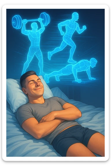 "Un uomo rilassato sdraiato a letto (in pigiama o biancheria intima), con gli occhi chiusi e un sorriso soddisfatto. Dal suo corpo si stacca un doppio olografico luminoso (il suo 'sé visualizzato') che invece sta facendo esercizio fisico con energia: solleva pesi, corre su un tapis roulant invisibile o fa flessioni a mezz'aria. sticker