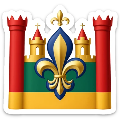Louisiana Creole flag in 4 boxes: gold fleur-de-lis on deep blue/black; green, yellow, red stripes in upper right and lower left with green star in upper right; yellow castle on red in lower right. Flat vector, clean, high contrast, clear at small size. sticker