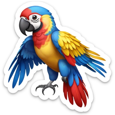 cinematic-macaw-realistic-full-body-standing-emoji,-vibrant-feathers-glowing-with-rich-reds,-blues,-and-yellows,-head-tilted-dramatically,-curved white-beak-gleaming,-piercing-dark-eyes-exuding-confidence,-simplified-yet-realistic-focused sticker