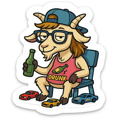goat for Telegram stickers inspired by reference https://attic.sh/feoducyurkpqwz0la088soao98sx: wearing a cap, glasses, mullet hairstyle, pink drunkard tank top, sitting on a chair, with hot wheels cars sticker