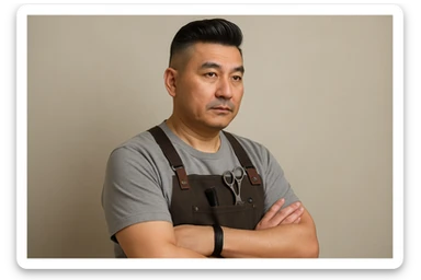 shu pozada turgan faqat o'ng tarafga qarab turgan sartarosh ustani tasvirlab ber realistik uslubda yoshi kattaroq soqol shart emas va uzbekistonlik erkak soch turmagi ham boshqacharoq bo'laversin sticker