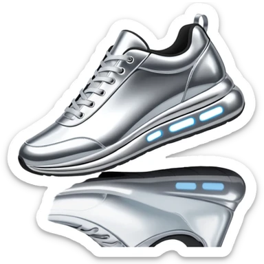A pair of futuristic sneakers emoji made of silver chrome, sleek streetwear design, smooth metallic panels, subtle reflections, luxury swag aesthetic, iOS emoji style, centered, clean white background sticker