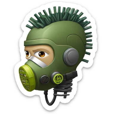Olive green mohawk cyborg head with respirator mask and circuits sticker