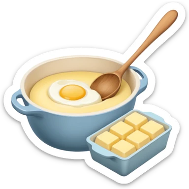 A cream ceramic baking bowl with a wooden spoon in it, next to it is a carton of eggs and butter sticker