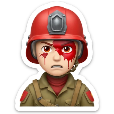 angry soldier, red skin, blood splatter on left cheek sticker