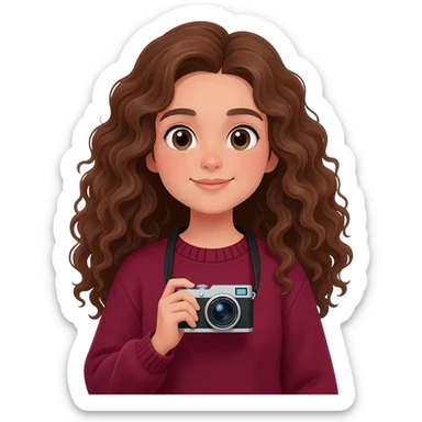 Girl brune bouclés long avec un pull rouge bordeaux avec un appareil photo en main sticker