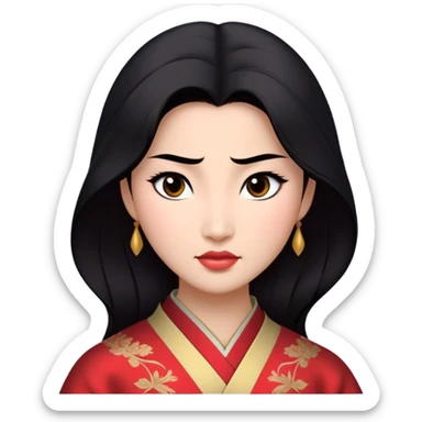 Cinematic Realistic Mulan Portrait, depicted with lifelike skin texture, soft natural lighting, and intricately detailed long black hair styled elegantly. Her deep, expressive eyes exude determination and grace, complemented by a serene yet confident expression. She is dressed in her classic attire, with rich fabric textures and delicate folds that catch the light beautifully. The portrait features a soft, enchanting glow with a natural, radiant finish, capturing the essence of timeless strength and beauty in a realistic and painterly style, evoking a sense of depth and authenticity. sticker