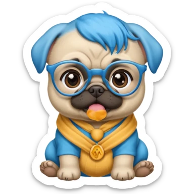 long blue haired baby pug wearing glassess sticker