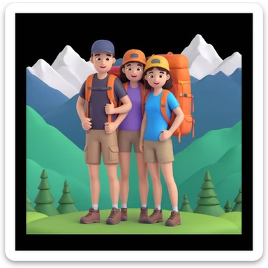 back packer couple posing, mountains in background,   close up pose sticker