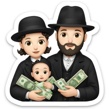 Jewish rabbi wearing traditional religious apparel with two side hair curls holding money and baby sticker