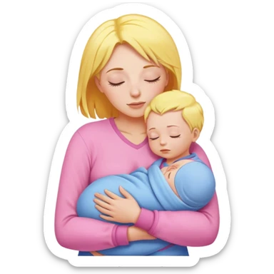 A mother with yellow hair and pink clothes holds a sleeping baby in blue clothes sticker