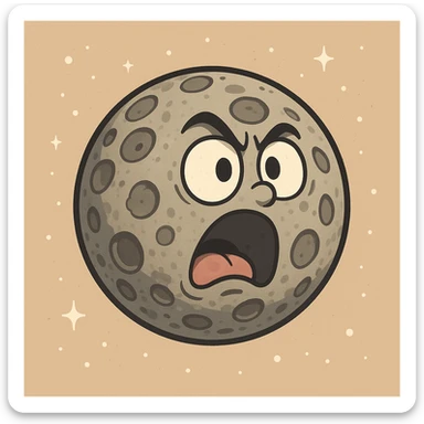 planet Mercury, round, rocky gray ball, covered in pitted marks and rough patches, cartoon style, exaggerated craters, simple background sticker