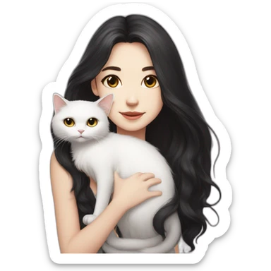 A girl with long dark hair and on her left shoulder and neck lies a white fluffy cat with different eyes sticker