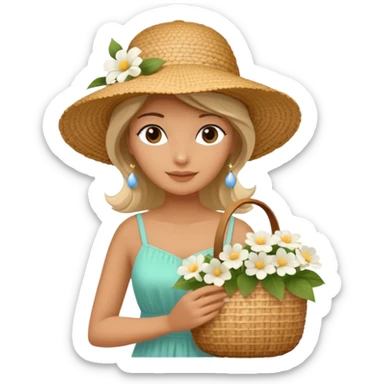 summer beautiful wicker hat, beach beige bag and bouquet of white flowers sticker