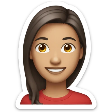 smiling woman with light to medium skin, straight dark brown hair with middle part red shirt  sticker