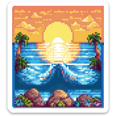 ocean with a sunset in pixel art style sticker