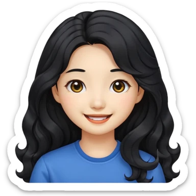 cute Korean girl with wavy long black hair and black eyes, emoji style sticker