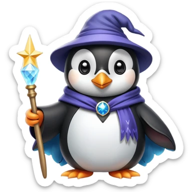 A cute penguin wearing a wizard hat and robe, holding a magic wand sticker