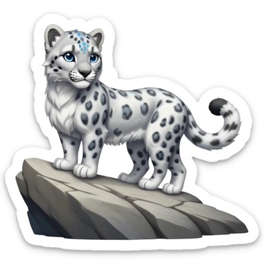 cinematic-snow-leopard-realistic-full-body-standing-emoji,-muscular-yet-graceful-body-balanced-on-rocky-cliffs,-long-fluffy-tail-swirling-behind,-head-tilted-dramatically,-thick-ghostly-white-fur-speckled-with-black-rosettes,-piercing-icy-blue-eyes,-simplified-yet-realistic-focused-features,-highly-detailed,-glowing-with-an-almost-sarcastic-glow sticker