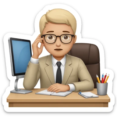 man sitting at his workplace, working hard, very tired, focused face sticker