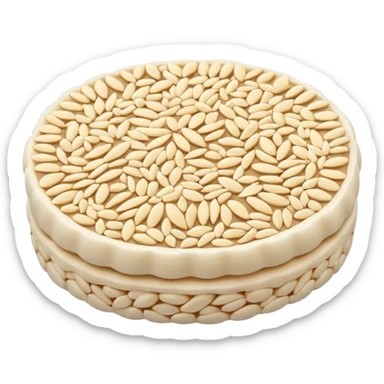 A round puffed rice cake, flat disc shape, light beige/off-white color, bumpy textured surface showing compressed puffed rice grains, crispy appearance, simple flat design, centered on transparent background. sticker