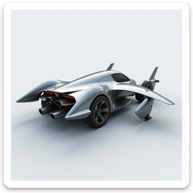 rear angle view of a highly aerodynamic, streamlined flying car with a metallic photorealistic finish, two wings on top, two on the sides, propellers on all wings, visible wheels, smooth flowing design, inspired by high-speed electric vehicles and aircraft sticker