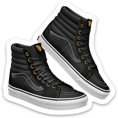 Ultra simplified pair of black Vans Sk8-Hi shoes in iOS emoji style, one positioned behind the other, flat colors, minimal design, essential details only sticker