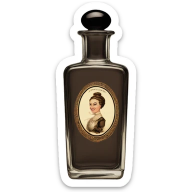 English vintage glass perfume bottle from my aristocratic grandmother, exquisite bottle shape, old and shabby, with label, stylish and minimalistic, black and brown sticker