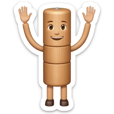 A wooden cylinder with a  face with arms and legs  sticker