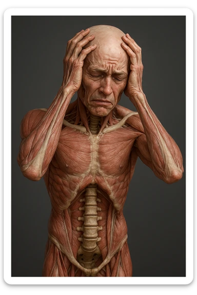CORPO UMANO ANATOMICO con spina dorsale in evidenza, molto stanca e stressata mentre si tiene le mani sulla testa, IPERREALISTICO 4K sticker