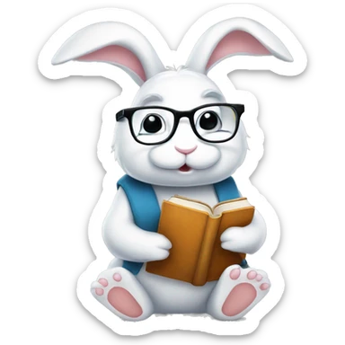Cute White bunny with glasses and book in his paws  sticker