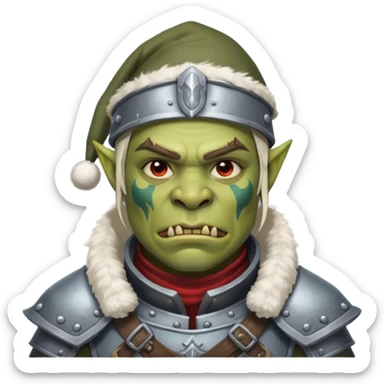 Fantasy Christmas orc legion soldier icon, iron tundra army theme, heavy winter armor, disciplined brutal look, cold steel color palette, emoji portrait, male/female variant
 sticker