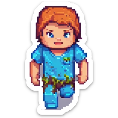 Minecraft baby character in pixel art, running fast, blocky grass and sky, playful expression sticker