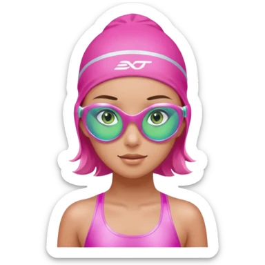 pretty girl with green eyes pink swim cap holographic swimming glasses and cute profesional swimmer pink swimsuit without her hair visible sticker