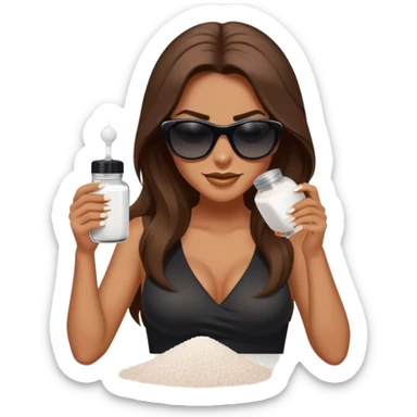 sassy woman with long brown hair, tan skin, and dark sunglasses holding a salt shaker filled with white table salt. She is sprinkling the salt out from the shaker with a smirking expression, not smiling sticker