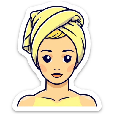 Blonde woman with a towel on her head and a facial muscles sticker