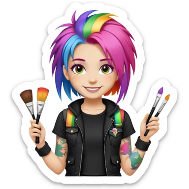 artist-girl with rainbow hair and brushes in black punk-clothing smiling sticker