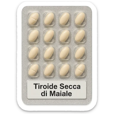 transparent blister pack with beige oval tablets, label visible with 'Tiroide Secca di Maiale', isolated on white, clinical style, hyperrealistic 4K details sticker
