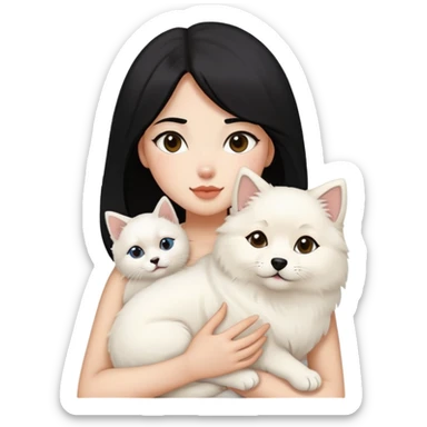 a girl with black hair holding her samoyed and her fluffy siamese cat sticker