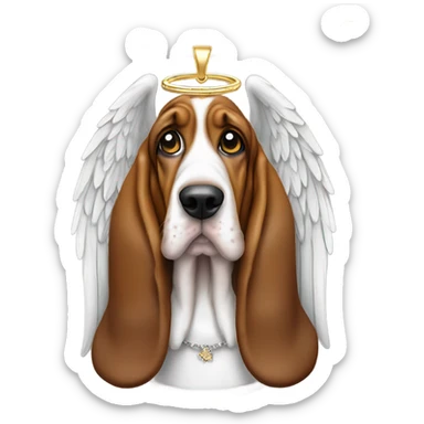 Elderly Basset hound with angel wings, wearing a large letter D bling necklace sat in a meadow  sticker