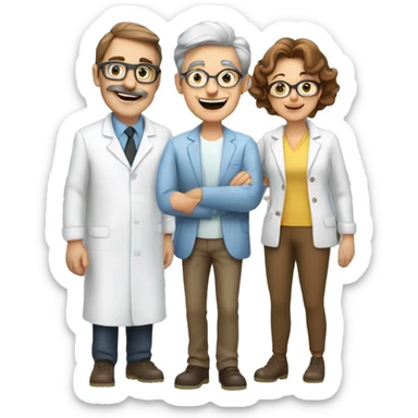 3 chemists an older fun lady, a younger smiley brown haired woman and a younger guy sticker