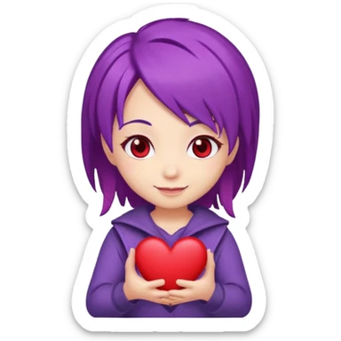A chibi cartoon with purple hair red eyes holding a heart sticker