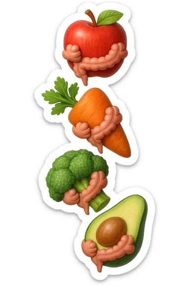 cibo sano fluttua in aria verticalmente stringendo piccoli colon umani, stile emoji iphone, iperrealistico 4k sticker