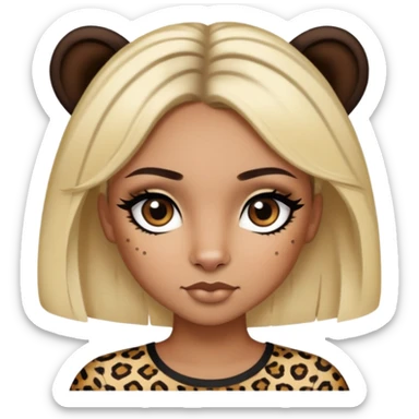 Brown girl person with dark hair and dark eyes, with eyeliner and lashes, and one blonde stripe in the front of the hair, wearing a leopard top  sticker